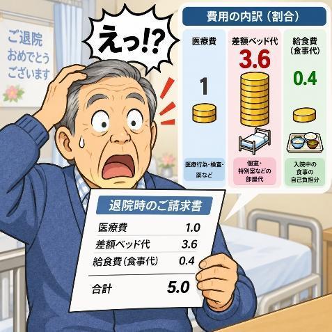 退院時の請求書を見て驚く男性のイラスト。医療費を1とすると差額ベッド代が3.6、給食費が0.4という内訳